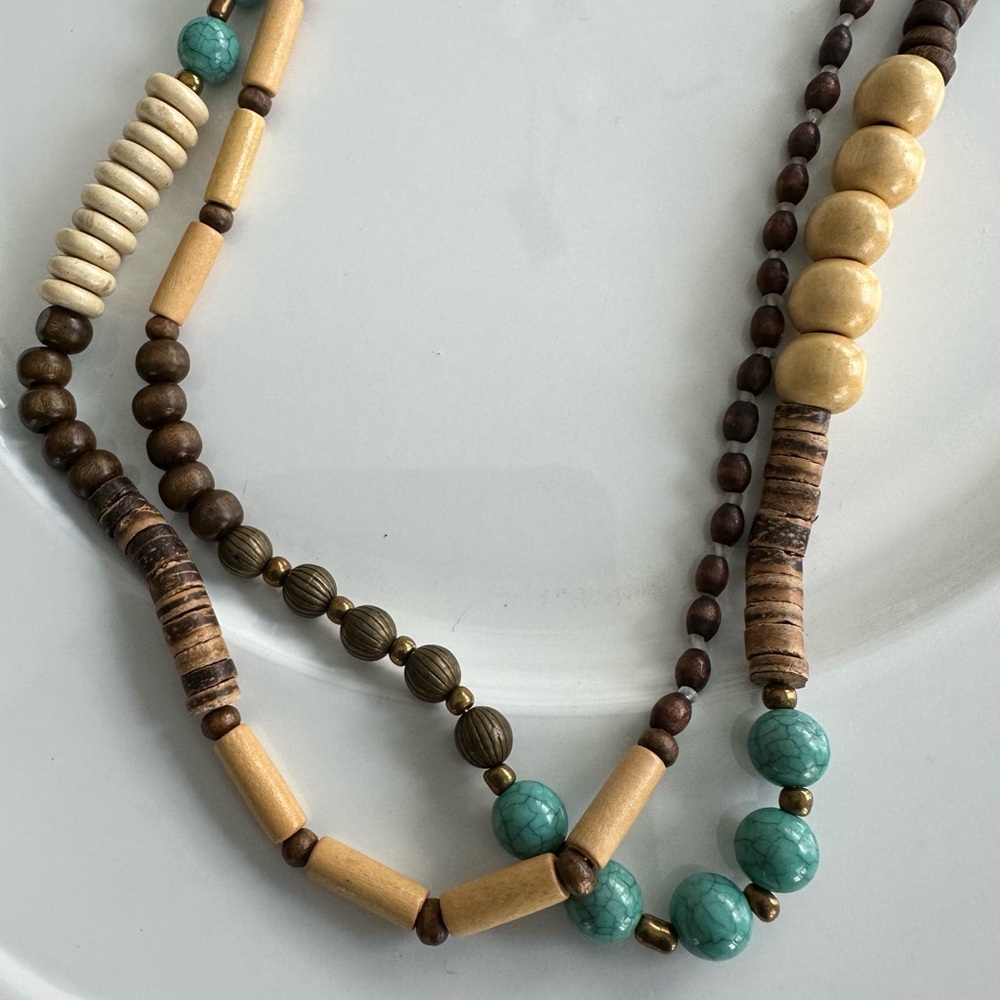 Long adjustable clasp necklace, Tan/Brown//turquoise/ Cream Beads